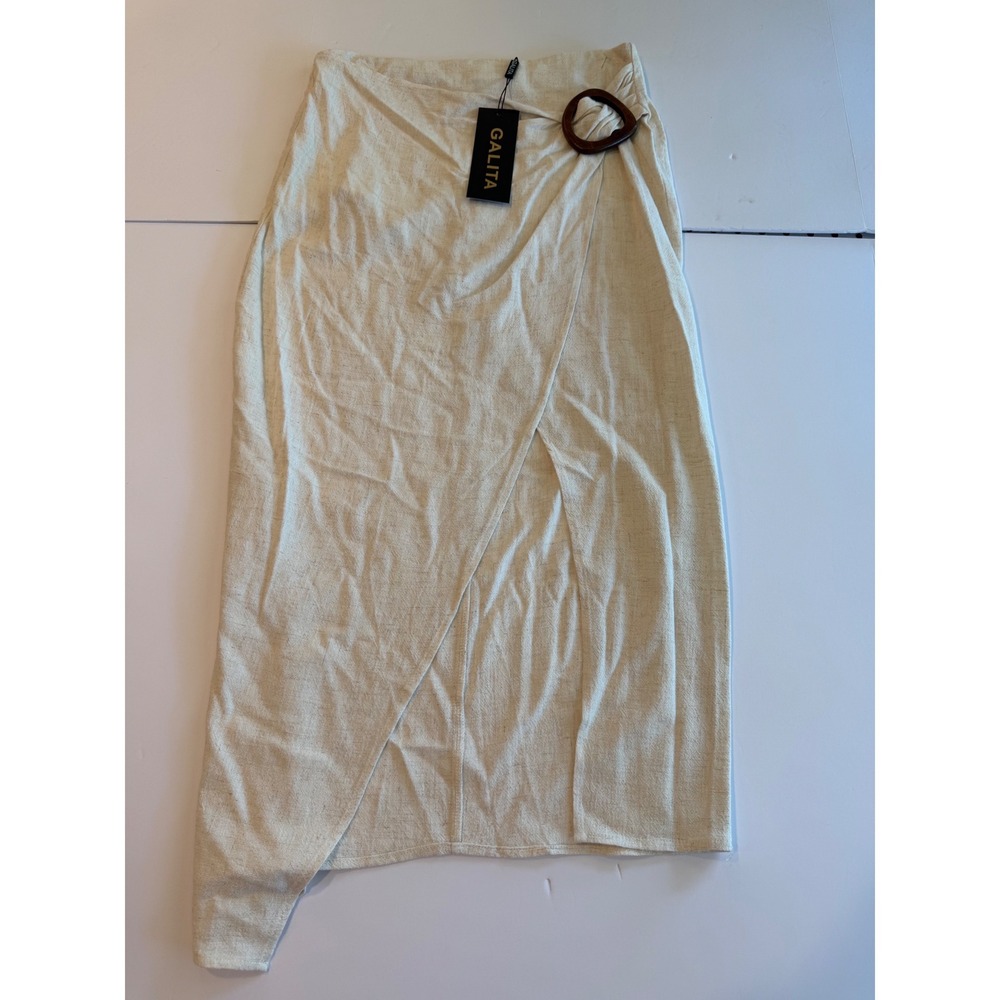Galita Fashion Women Beige Linen Blend Wrap Midi Skirt Ring Detail Size S NWT‎